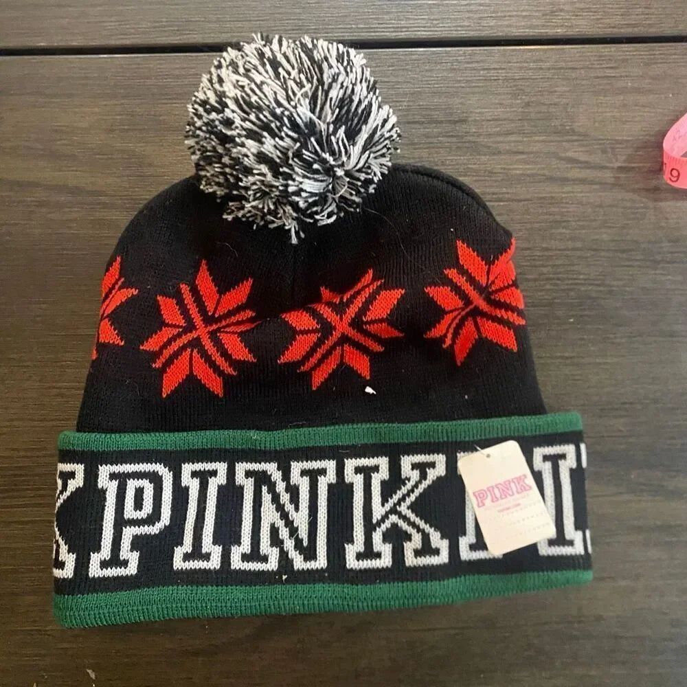 Victoria's Secret PINK Logo Snowflakes Pom Pom Beanie Winter Hat Red Black New